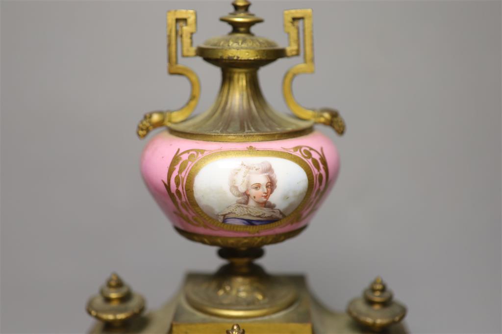A 19th century French gilt metal and porcelain inset mantel clock, height 37cm